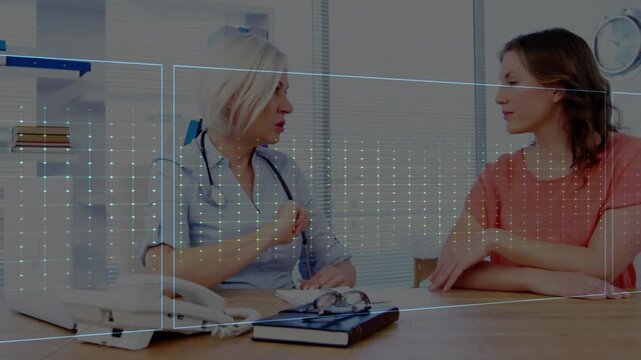 Doctor pointing to chest, generating holo EKG color-shifting across frame, explaining waveform