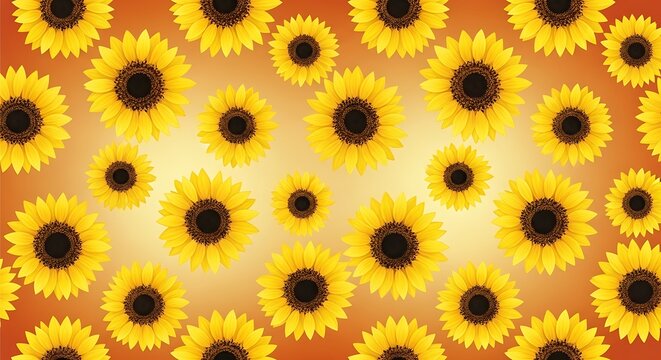 A vibrant pattern featuring numerous bright yellow sunflowers against a warm orange gradient background
