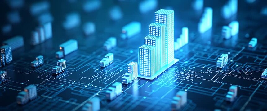 Futuristic cityscape evolves on a digital circuit board, buildings gently pulsate with energy, while the camera slowly pans across the scene, showcasing a cinematic blend of technology and architectur