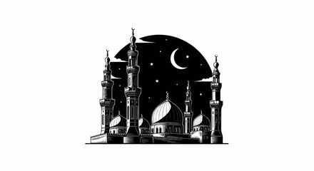 Obraz premium Ornate mosque with minarets under a starry night sky and crescent moon