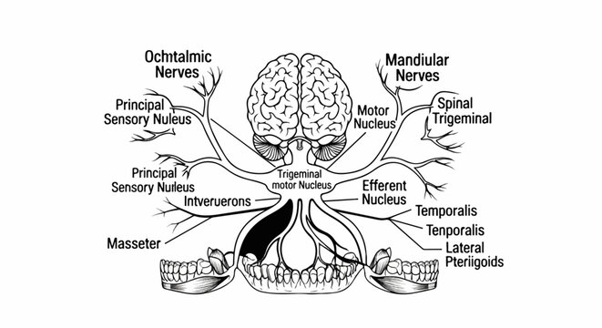 Anatomical diagram of the human trigeminal nerve system and brain