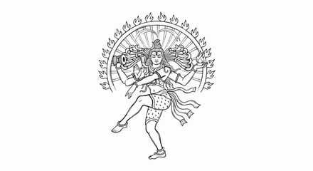 Obraz premium Ornate depiction of a multi-armed deity dancing within a fiery halo