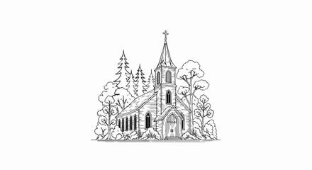 Fototapeta premium Hand-drawn sketch of a rustic church nestled among trees and foliage