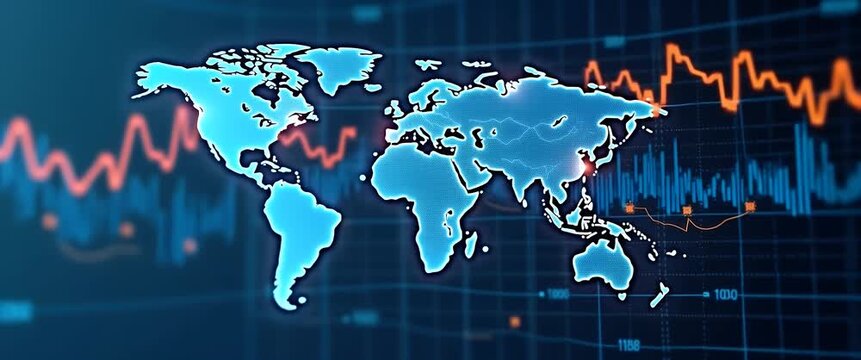 Global market trends unfold as a digital world map pulses with energy, steady camera pans across dynamic stock charts, creating a cinematic and informative financial analysis scene.