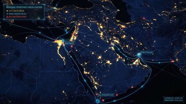 Digital visualization map of Middle East strategic military and naval chokepoints.
