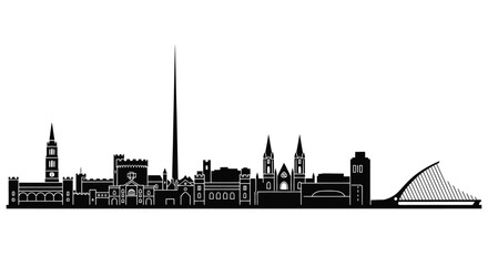 Fototapeta premium Black silhouette of a city skyline featuring a prominent spire