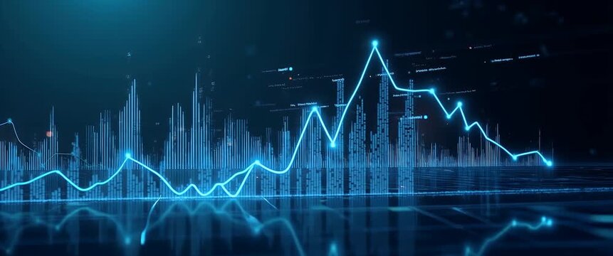 Dynamic financial data charts animate across a digital interface, with a slow pan revealing glowing analytics in a futuristic, cinematic style, ideal for finance and technology themes.