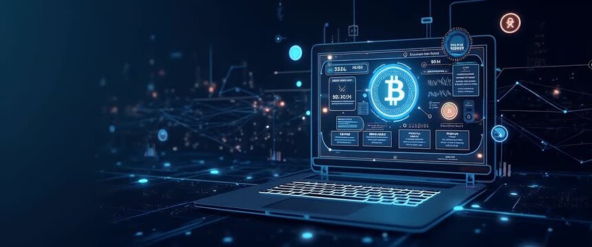 Futuristic laptop displays animated cryptocurrency dashboard with Bitcoin icon; camera slowly pans across digital network backdrop, lights gently flickering for a cinematic, tech-focused ambience.