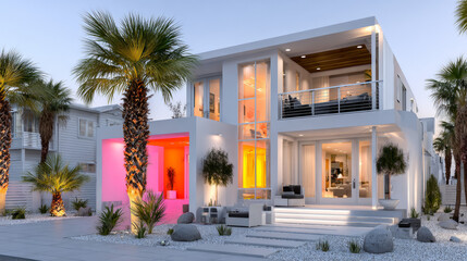 Modern luxury home exterior with vibrant colorful interior lights at dusk tropical design house