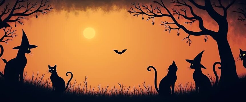 Silhouetted black cats with glowing eyes sit quietly as bats flutter across an orange sunset sky; trees sway gently while the camera pans slowly, creating a cinematic Halloween scene.