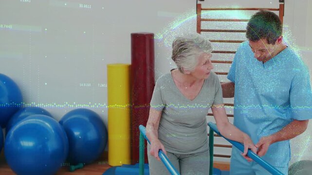 Senior woman gripping parallel bars after therapist guiding wrist and taking small steps for rehab