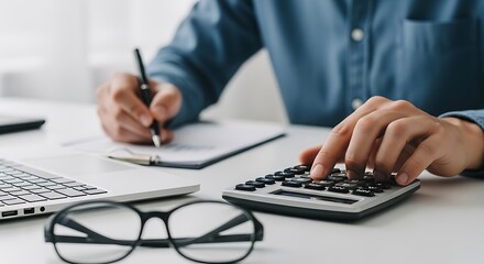 Fototapeta premium person calculating on calculator at desk with laptop and glasses