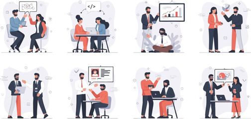 Fototapeta premium Diverse professionals in modern office scenes, collaborating and presenting data