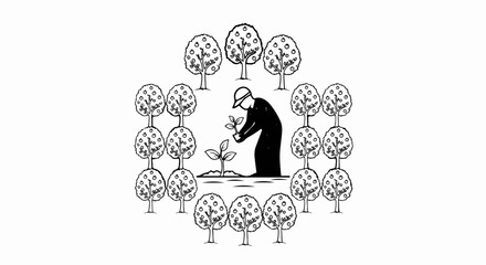Obraz premium Gardener planting sapling surrounded by fruit trees in an orchard