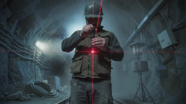 Male worker in hard hat uses laser measuring tool in dark tunnel. Scene depicts precision engineering in mining. Suitable for industrial safety and construction concepts.