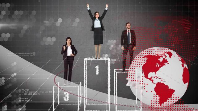 Lead woman raising arms while podiums animating, team stepping, globe and data showing biz ranking