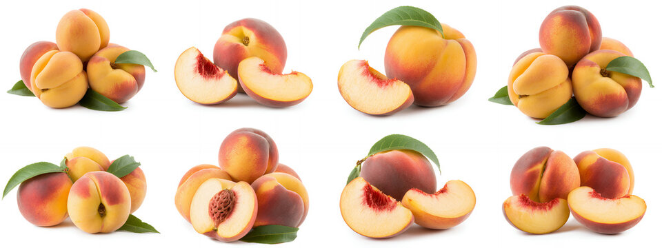 Fresh peaches and sliced peaches with green leaves