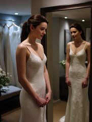 Naklejka premium Bride trying on wedding dress in bridal shop