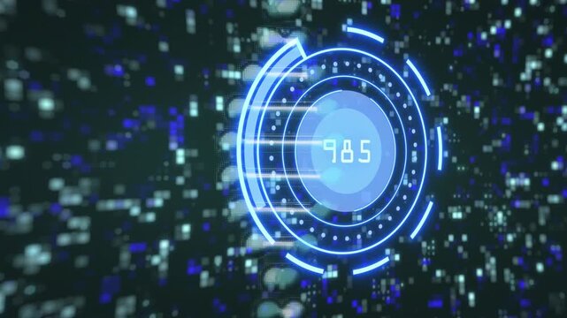 Incoming data driving numeric updates, holographic interface pulsing, helix moving behind for tech