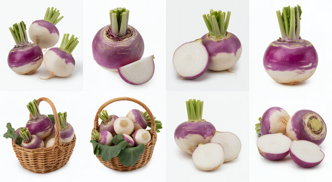 Fresh purple turnips in baskets and sliced on white background