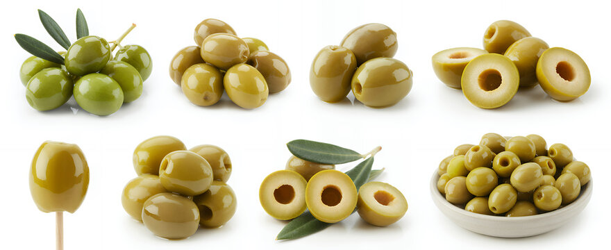 Green olives in various forms on white background isolated studio