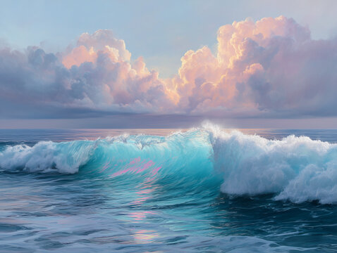 Ocean wave breaking with pink and gold sunset clouds