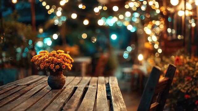 Cozy outdoor table with flowers under warm string lights at night.