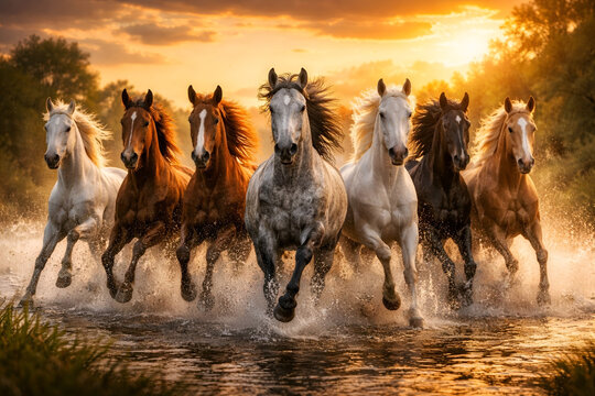 Seven Wild Horses Running Through Water at Sunset Landscape