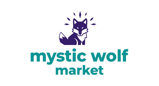 Mystic wolf market logo on white background in simple illustration style with purple and teal colors in flat design for branding