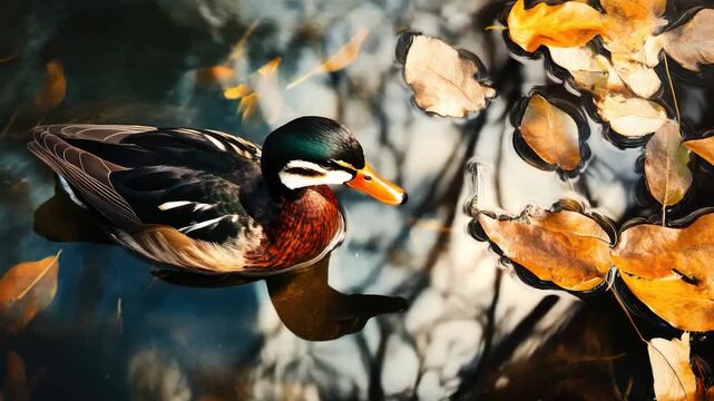 A single duck swimming in a serene pond surrounded by autumn leaves