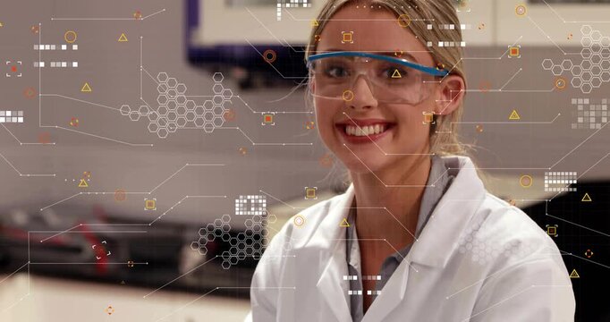 Gloved hands placing beaker by blue tubes camera panning female lab tech goggled preparing samples