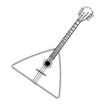Traditional triangular stringed musical instrument with fretted neck and tuning pegs on white background vintage style