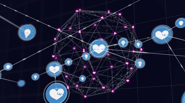 Pink nodes pulsing, mesh sphere sending lines, blue icons streaming forward, showing health network