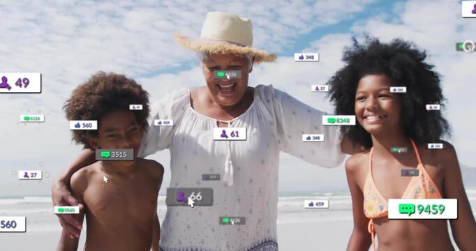 Gran walking with kids on beach tags emerging and clustering over faces, showing social media buzz