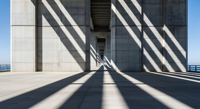 Sunlight casts striped shadows on concrete pillars under a bridge