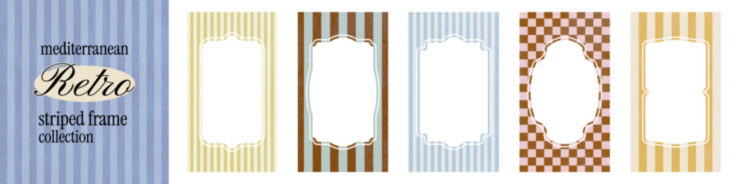 Mediterranean striped frame collection vintage decorative labels. Set of ornamental frames with striped backgrounds, classic shapes. Retro italian frames for packaging design, invitation cards.