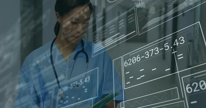 Nurse holding folder flipping and tapping pages HUD updating medical data walking corridor smiling