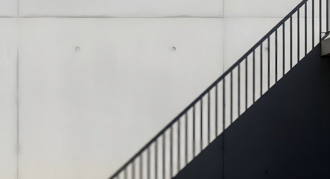 Shadow of a railing casts a diagonal pattern on a textured concrete wall