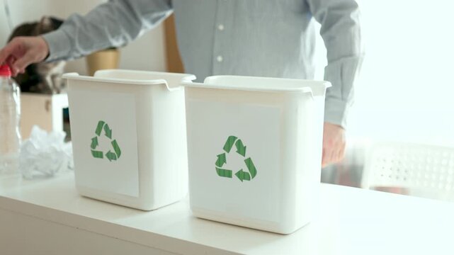 Man sorting plastic bottles and paper waste into recycling bins at home kitchen, 4K 10-bit.	
