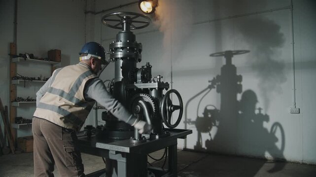 Worker in safety gear operates large industrial machine with steam rising. Scene highlights manufacturing process and labor. Perfect for engineering, factory and production concepts.