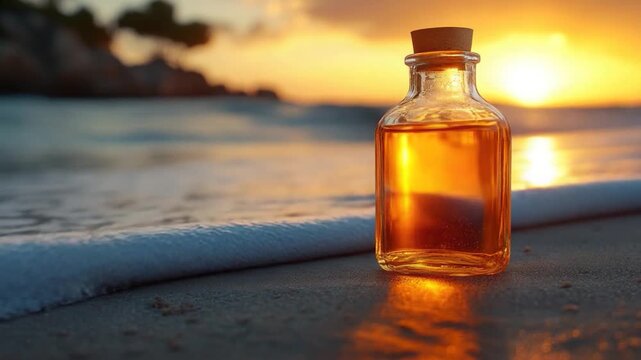 A bottle sits on a sandy beach, often used for outdoor scenery or travel concepts