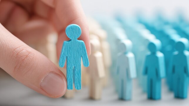 Hand selecting a blue person from a blurred crowd of figures