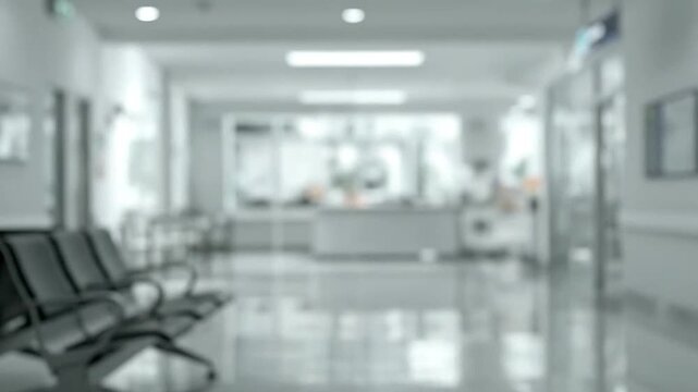 Blurred hospital corridor with empty waiting chairs and bright light