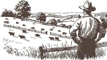 Farmer cows pasture countryside rural. Rancher looking over grazing cattle landscape scene. Chalk and brush drawing style. Background for agriculture posters and farm banners.