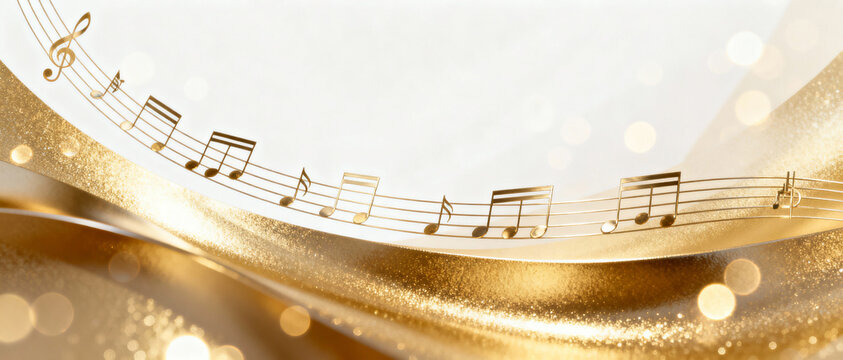 Golden musical notes on a flowing staff with a treble clef. Elegant festive background with glitter and bokeh lights for a celebration or concert.