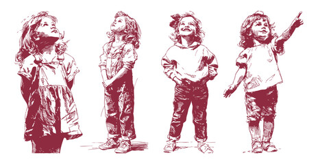 Little girls looking up dreaming emotional illustration set. Kids showing curiosity and imagination gestures. Ink hand drawn line sketch style. Background for children books.