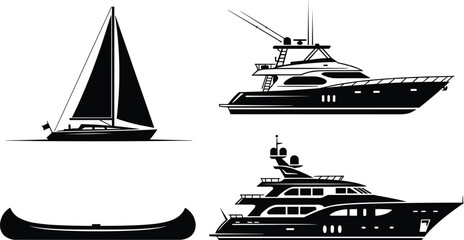 Boat silhouette vector illustration set, sailboat canoe motor yacht luxury vessel designs, black and white nautical artwork, marine transport graphic collection © Ashraful