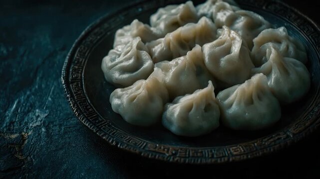 A plate filled with dumplings on a table, perfect for food and interior