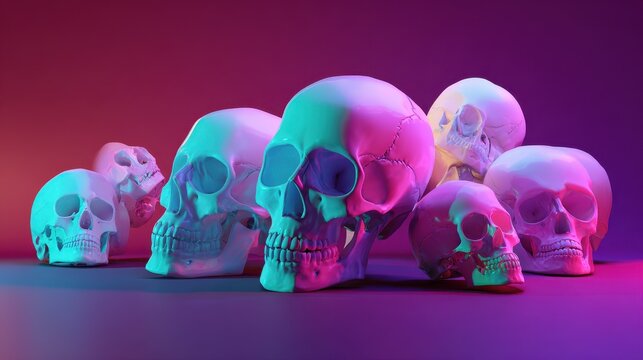 Creepy skull sculpture series in vibrant background tones, high-detail 3D illustration for eerie design