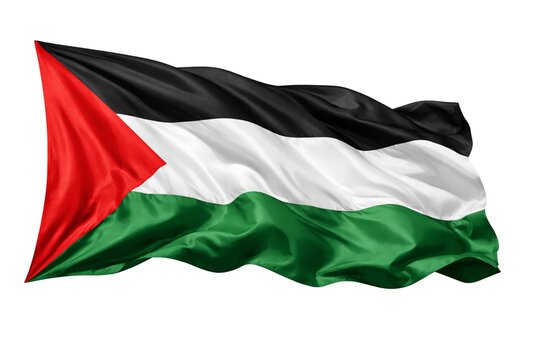The national flag of Palestine waving majestically in a studio setting with a clear white background
